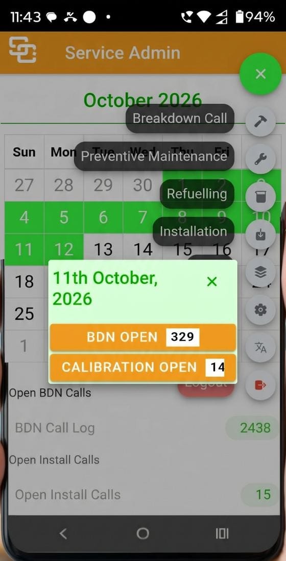 Simply C2 mobile app calendar with ticket type menu for breakdown, preventive maintenance, refuelling and installation, and open call counts by day