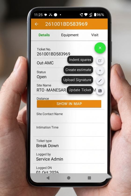 Simply C2 technician app ticket screen with show in map, indent spares, create estimate, upload signature and update ticket actions